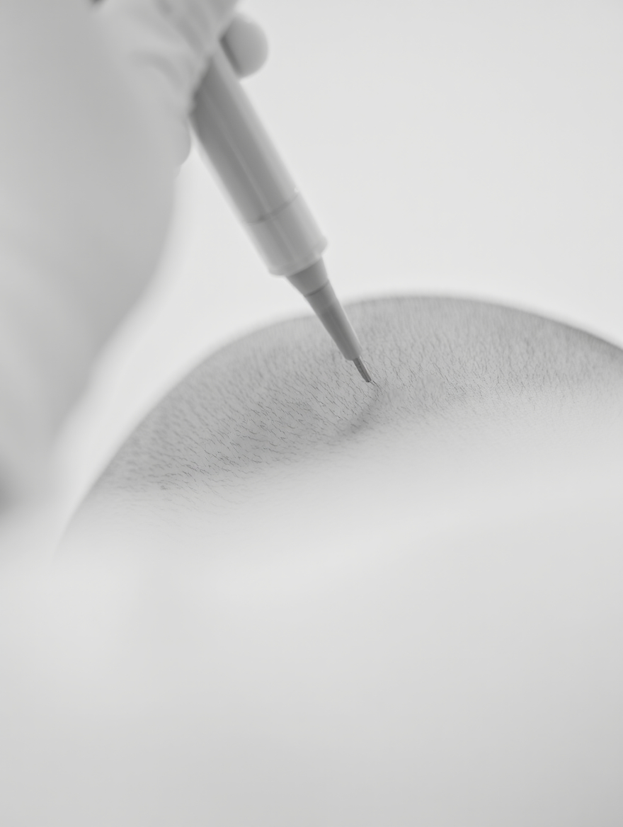 Saphir-FUE Technik bei der Haartransplantation am Kopf eines Patienten